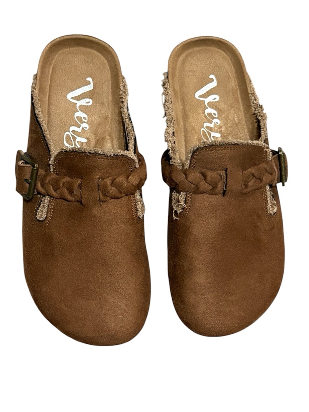 Very G Brown Suede Braided Buckle Slide Clogs - Picture 3 of 9